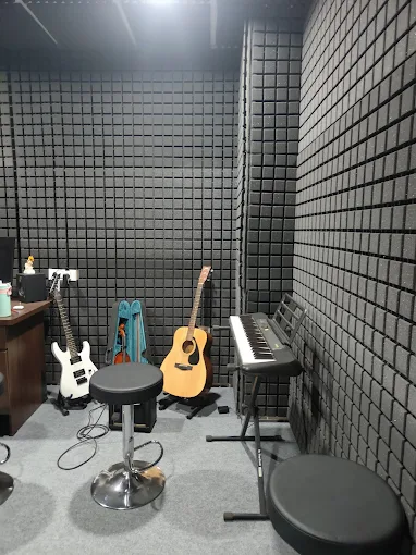 Guitars and keyboard arranged inside Rocksmith Records